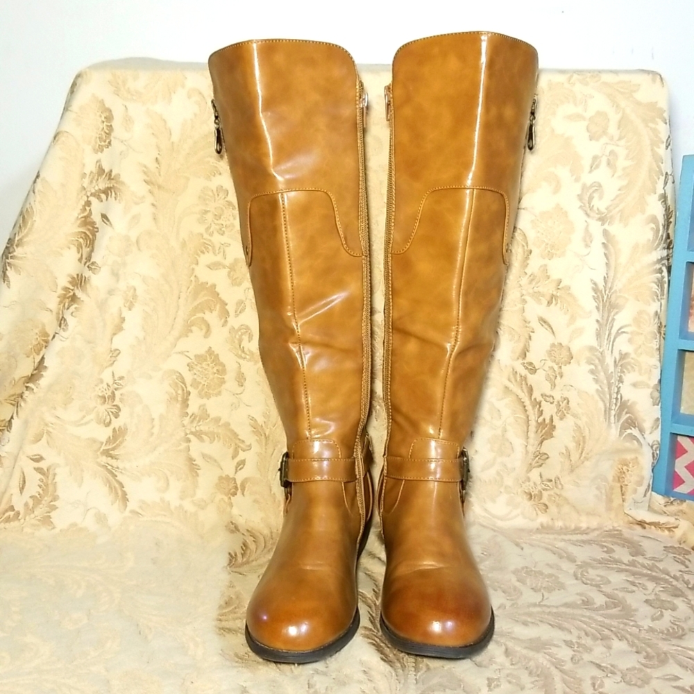 Tan Faux Leather ,women's Knee High Riding boots With Silver Belt Detail.